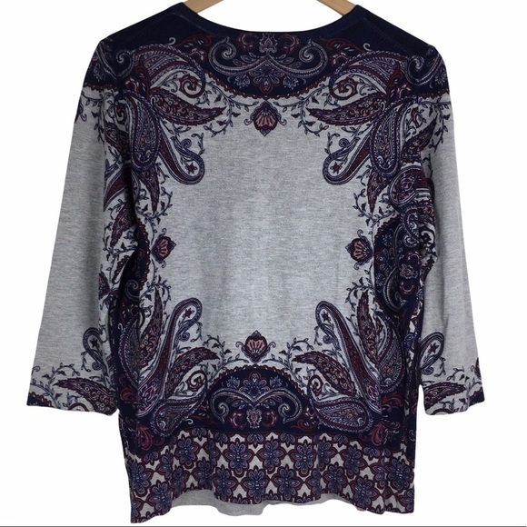 DRESS BARN Cardigan Sweater Paisley Floral 3/4 Sleeves Grey Purple Size Large - Picture 3 of 11